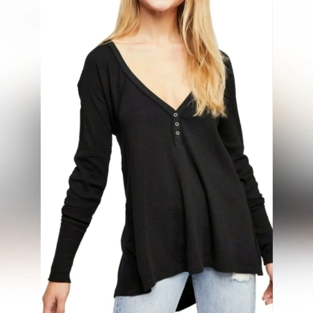 Free People we the free Citrine Textured Cotton Blend Top Black Sz M